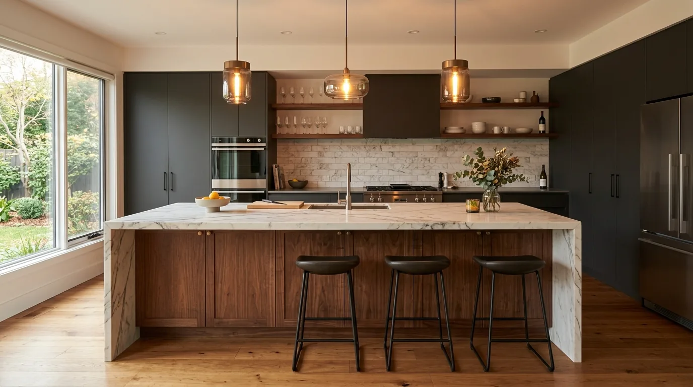 Use brass or bronze to enrich the palette inspiration for a walnut kitchen.